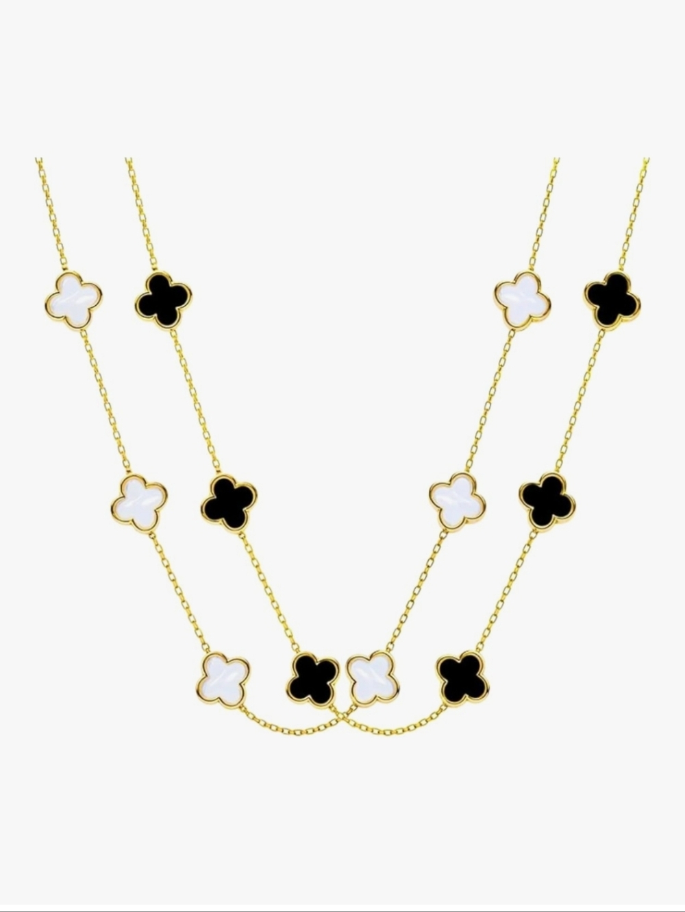 18K Gold Clover Necklace with Mother of Pearl & Onyx